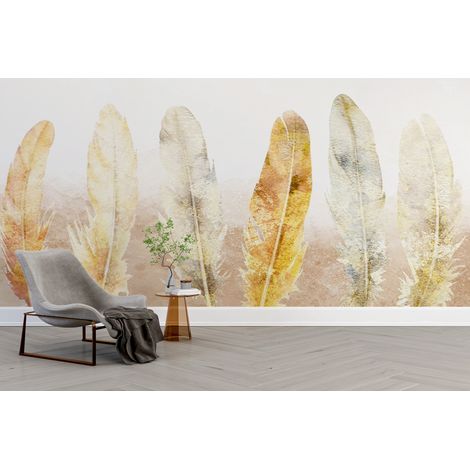 Papier peint boho - alignement de grandes plumes dorées - 500 x 270 cm (1/2)