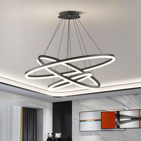 suspension minimaliste pour salle a manger salon chambre luminaire principal design moderne anneau circulaire noir obsidienne trois anneaux 60 40 30 cm lumiere blanche (1/3)