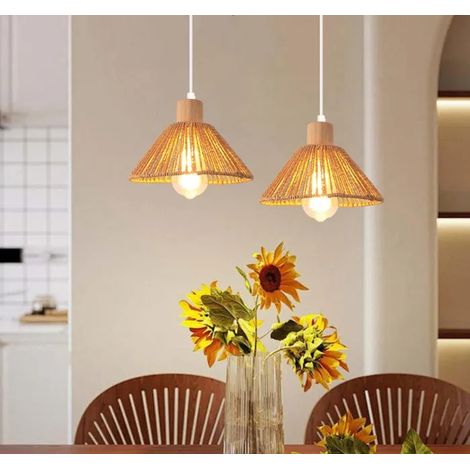 2x Lustre Rétro 22cm,E27 Suspension Luminaire Industriel Abat-jour en Rotin et Bois Plafonnier Vintage pour Salon Chambre (1/5)