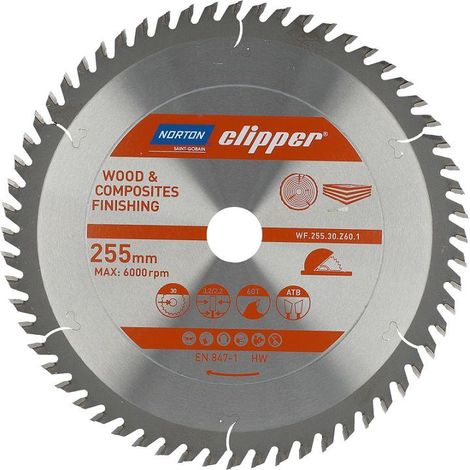 Sierra Circular Norton 250mm x 30mm x 60T (3,2 / 2,2), corte longitudinal y transversal, para madera y compuestos, geometría ATB, dientes de carburo, alta durabilidad, 6000 rpm