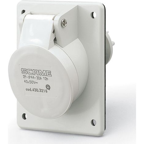 Prise à encastrer 2P 32A femelle clapet blanc 40-50V socle 70x87mm pour coffret 10h étanche IP44 CEI309