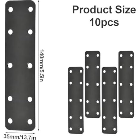 Lot de 10 plaques de jonction plates, 140 x 35 mm, acier galvanisé, noir (1/5)