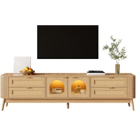 Mobile TV con ante curve in vetro di sicurezza a pannello singolo, credenza con illuminazione a LED controllabile tramite app, mobile contenitore per soggiorno in truciolato con gambe in legno massell (1/5)