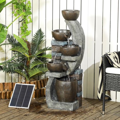 Fontaine d'eau extérieure 5 niveaux fontaine de jardin lumières LED panneau solaire pompe en résine gris et marron