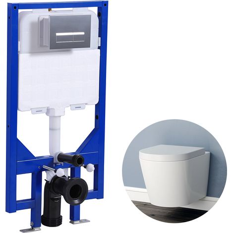 Rimless Wall Hung Toilet 1.14M Concealed Cistern Frame Set Round WC pan Soft Close Seat white (1/5)