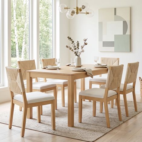 Lot de 6 Chaises Bois Massif et Cannage Rotin Beige - Chaise rétro mid-century - Chaise de Cuisine Confortable avec Assise Rembourré (1/5)