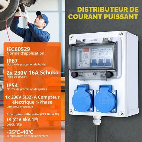 Répartiteur mural pré-câblé compteur d'électricité répartiteur de courant construction disjoncteur FI LS 2 prises Schuko 230 V boîtier étanche IP67 boîte de distribution (1/3)