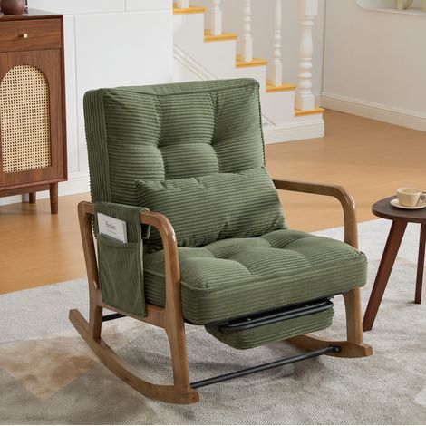 Silla mecedora verde de pana con reposapiés, 70 x 80 x 92 cm, respaldo regulable (1/5)