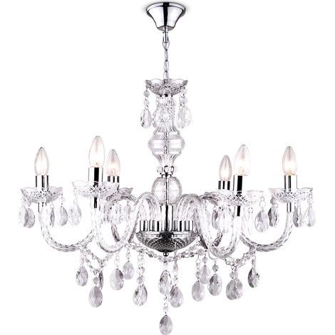 Globo – Lustre plafonnier suspendu cristal 61cm – 6 douilles E14 – Chrome et acrylique transparent – 631166 (1/8)