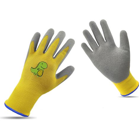 Gants de Jardinage pour Enfants en Polyester et Mousse de Latex Résistants à l'Usure Taille 11-13 Ans Modèle Dinosaur Jaune avec Bord Bleu - KZQ (1/5)
