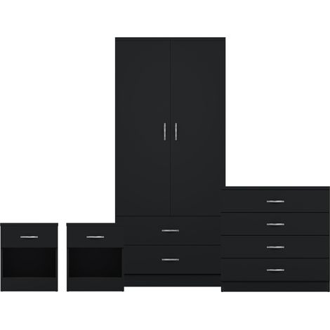 Riano 4 Piece Bedroom Set (1 Drw Bedside Chest, 4 Drw Chest, 2 Door 2 Drw Wardrobe), Black (1/3)