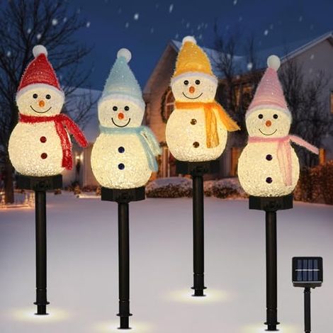Lewondr - Adornos navideños para exteriores con forma de muñeco de nieve, 4 luces solares para jardín con estacas, iluminación solar con 8 modos de iluminación, decoración navideña solar para caminos.