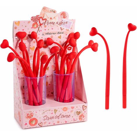 Penne a sfera con cuore in silicone flessibile in espositore, set da 20 pezzi, cm 23 H - Inchiostro: nero