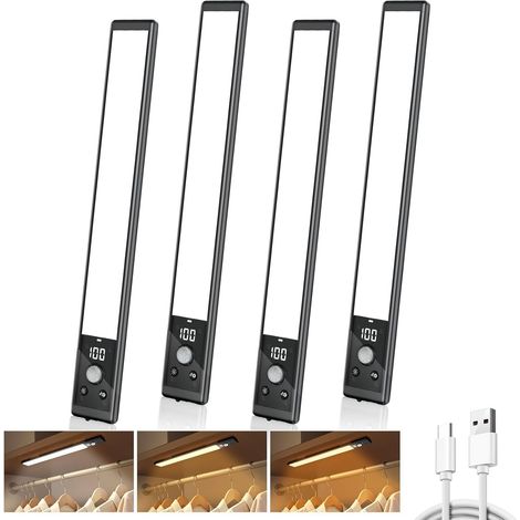 Paquete de 4 luces LED de 24 cm para debajo de los gabinetes – 52 LED – Recargables – Sensor de movimiento – 3 temperaturas de color – Magnéticas y regulables – Para cocina (1/5)