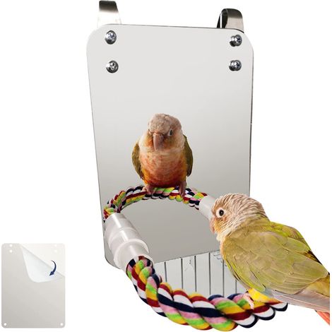 Oiseau Miroir Jouet avec Corde Perche Perroquet Morsure Jouet avec Grand Miroir Perroquet Griffe Cage à Oiseaux Perchoirs Miroir à Mâcher Jouet pour Perruche Perruche Cockatiels (1/4)