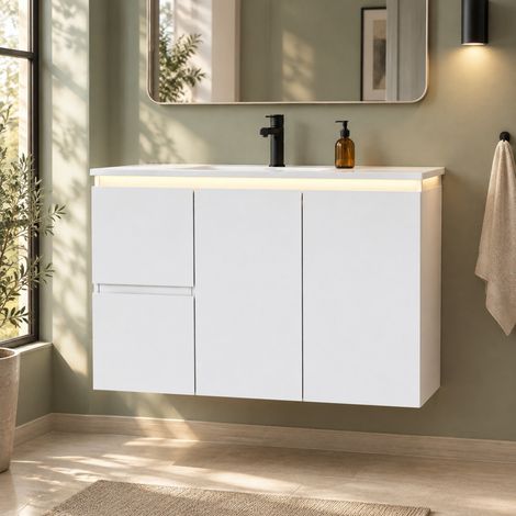 Mobile lavabo sospeso 76x47x57 cm con lavabo in ceramica, LED con sensore radar, bianco OKMYHOME (1/5)