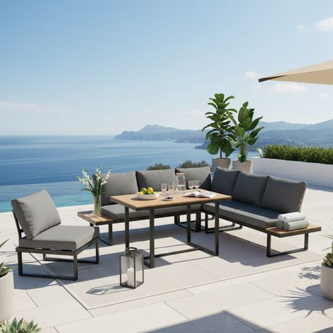 Groupe de repas d’angle inclinable 5 positions jusqu’à 55°, structure acier galvanisé, plateau plastique-bois, salon de jardin complet 195x195x76cm gris + noir (1/5)