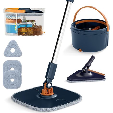 COSTWAY Set Mocio Lavapavimenti con Secchio, Mocio Piatto con Strizzatore e 2 Panni in Microfibra e 2 Testine, Portatile per Pulizia Pavimenti Bagnati e Asciutti (Stile 2 Blu) (1/5)