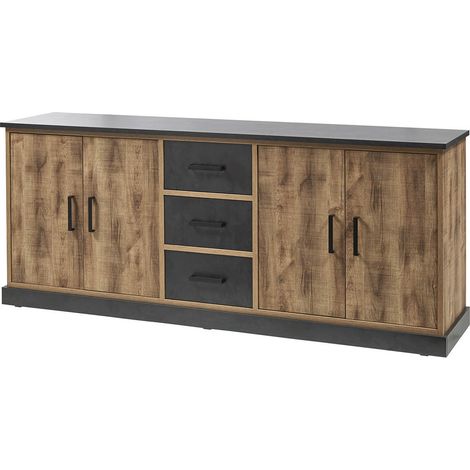 JENNA - Buffet 4 Portes 3 Tiroirs Aspect Bois et Métal Noir (1/5)