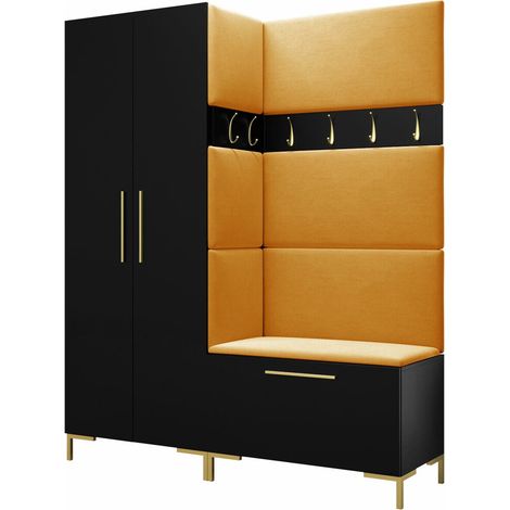 Meuble d'entrée Nomal I, Noir, 196x158x44cm, Stratifié, Tissu, Murale, À poser