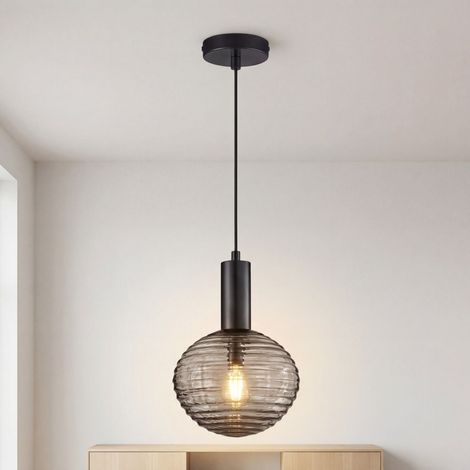 Pendelleuchte rund Ø 18 cm H: max. 150 cm Schwarz Rauchglas Metall Modern Hängeleuchte