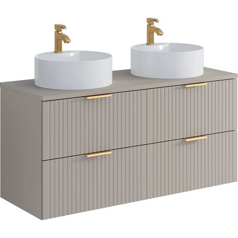 Meuble de salle de bain suspendu strié avec double vasque à poser ronde - Beige - L120 cm - ZEVARA (1/5)