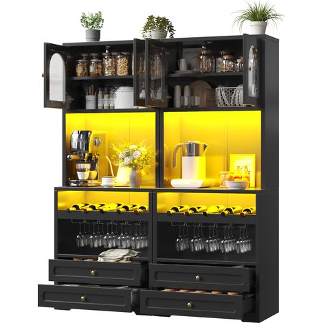 Armoire haute avec portes en verre et éclairage LED, buffet noir avec port USB, étagères réglables, 140x40x180cm (1/5)