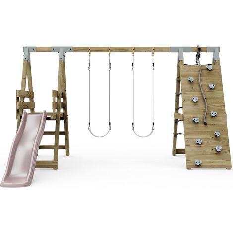 PolarPlay Premium Double Swing Set with Climbing Wall and Slide - Dusky Pink (1/5)