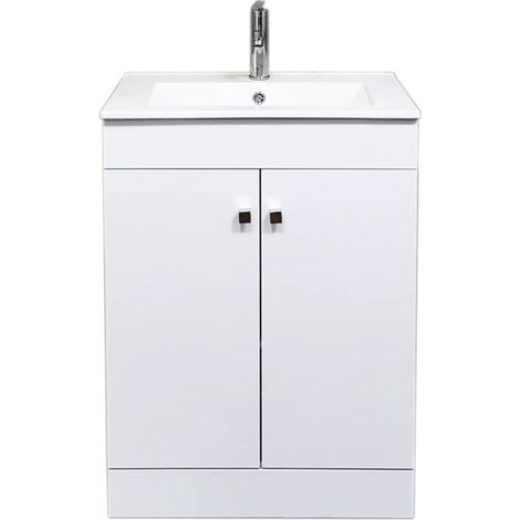 Meuble salle de bain à poser 60 cm blanc avec vasque lavabo et plan céramique, meuble sous vasque design avec rangement adapté aux espaces modernes (1/5)