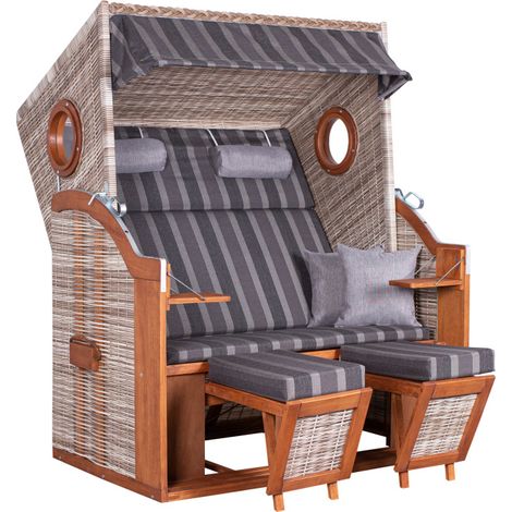 deVries PURE WAVE XL PE Strandkorb seashell Des. 402 mit Holz-Bullaugen 140x80x160