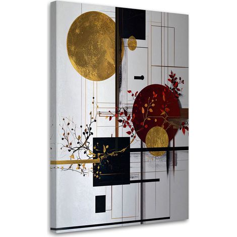 Tableau Moderne, Abstraction bordeaux et or de cercles et de feuilles,40x60 (1/4)