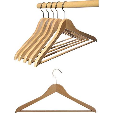 Lot de 12 cintres en bois de hêtre, bois issu de forêts durables, laqué naturel (peinture à l'eau), crochet en métal rotatif argenté, fabriqués en Autriche (avec chevalet) (1/5)