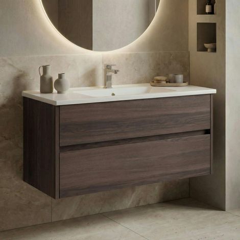 Meuble vasque suspendu 100 cm décor bois foncé 2 tiroirs MOANA (1/4)