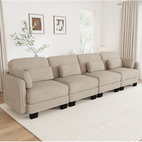 MODFU – Canapé droit modulaire 4 places 330x88x88 cm chenille – Coussins lombaires et accoudoirs – Mousse 28D et charge 600 kg – Salon – Café clair (1/5)