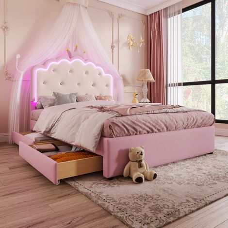 MEUBLIV Cama 140x200 cm rosa – LED, cama nido y 2 cajones, sin colchón (1/5)
