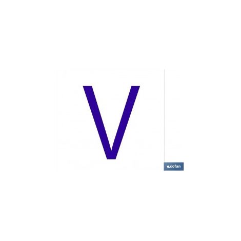 Selbstklebendes Schild mit dem Buchstaben V, 62x62mm, weißer Hintergrund und blauer Buchstabe.