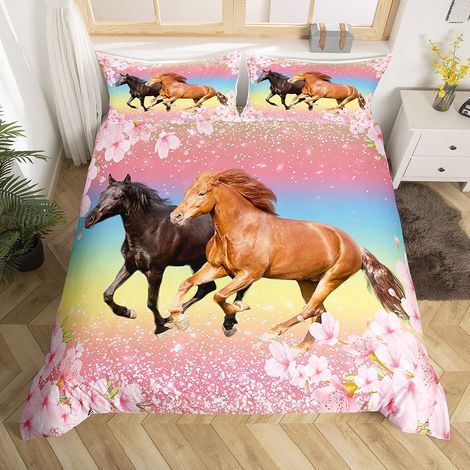 Parure de lit avec housse de couette Motif chevaux roses et fleurs Motif floral Motif fleurs sauvages 135 x 200 cm (1/3)
