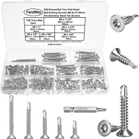 205 Pièces Vis Autoforeuse Metal,M4.2 Vis à Tôle Autotaraudeses et Autoperceuse Autoperforante Inox 410 Tête Fraisée Plate pour Aluminium Bois Tôle Plastique.Avec 1 TX20. (1/5)