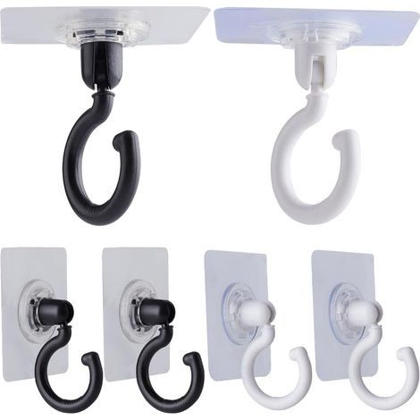 6 Pcs Adhésif Moustiquaire Crochets de Plafond et Crochets Muraux Pivotant au Plafond Tourner 360°/180° Crochets Montés pour Suspendre de Petites Plantes Serviette Manteau, Blanc Noir (1/4)