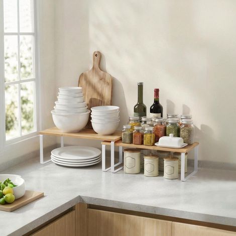 Étagère à Épices, Lot de 2, Rangement de Cuisine, Empilables, Blanc et Beige (1/5)