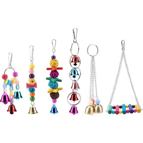 Jeffergarden 6 pièces/ensemble coloré en bois et en métal oiseau de compagnie balanoire jouet cloches perroquet Cage suspendus balanoire jouets (1/5)