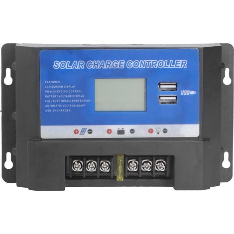 Régulateur solaire 20A avec écran LCD, double port USB, contrôleur de charge PV robuste pour panneau solaire (1/5)