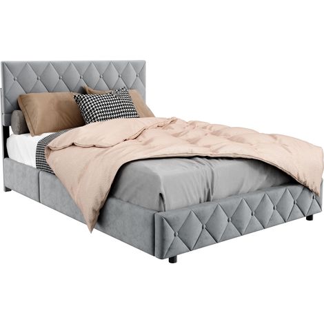 Cama tapizada 140x200 cm de terciopelo gris con somier de láminas de madera, estructura MDF y metal, carga máxima 250 kg para dormitorio moderno – CHICFURN (1/5)