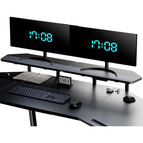Support double écran, rehausseur bureau pour écran et imprimante. Pratique maison, bureau et école, finition noire aspect fibre carbone