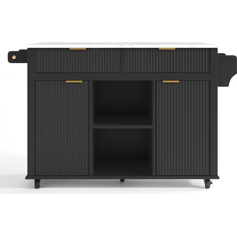 Îlot de cuisine mobile 120 x 45 cm avec plan de travail rabattable, 2 tiroirs, 2 portes, étagères à épices et porte-serviettes, noir (1/5)