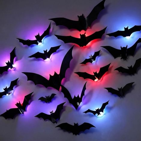 Lot de 24 décorations murales chauve-souris d'Halloween, chauves-souris lumineuses 3D, autocollants amovibles en PVC 3D chauve-souris, différentes tailles, décoration d'Halloween pour la maison, la fe