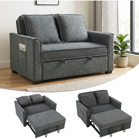HOMCOM sofá cama 2 plazas 3 en 1, de tejido rizo con respaldo ajustable, bolsillos laterales, 2 almohadas para sala de estar, espacios pequeños, gris (1/5)