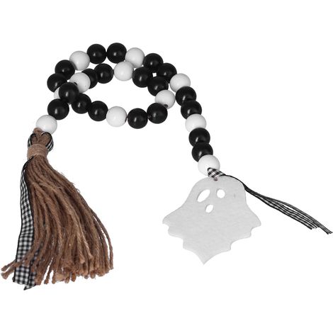 Guirlande de perles en bois pour Halloween, noire et blanche, avec pompons, pour la décoration de la maison et des fêtes. (1/5)