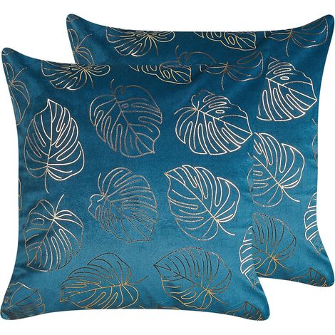 Dekokissen 2er Set DELICIOSA Samtstoff 45 x 45 cm Blau Pflanzenmuster