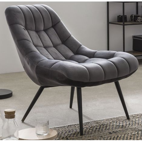 Fauteuil XXL de Salon au Design Scandinave en Velours Gris et Pieds en Métal Noir - PANGIVO (1/5)